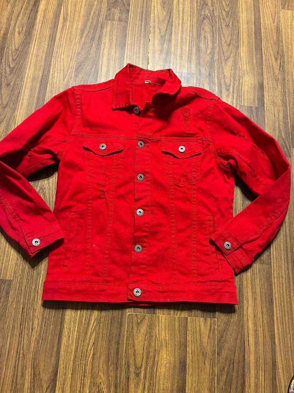 Evolution in Design Distressed Red Twill Trucker Jacket